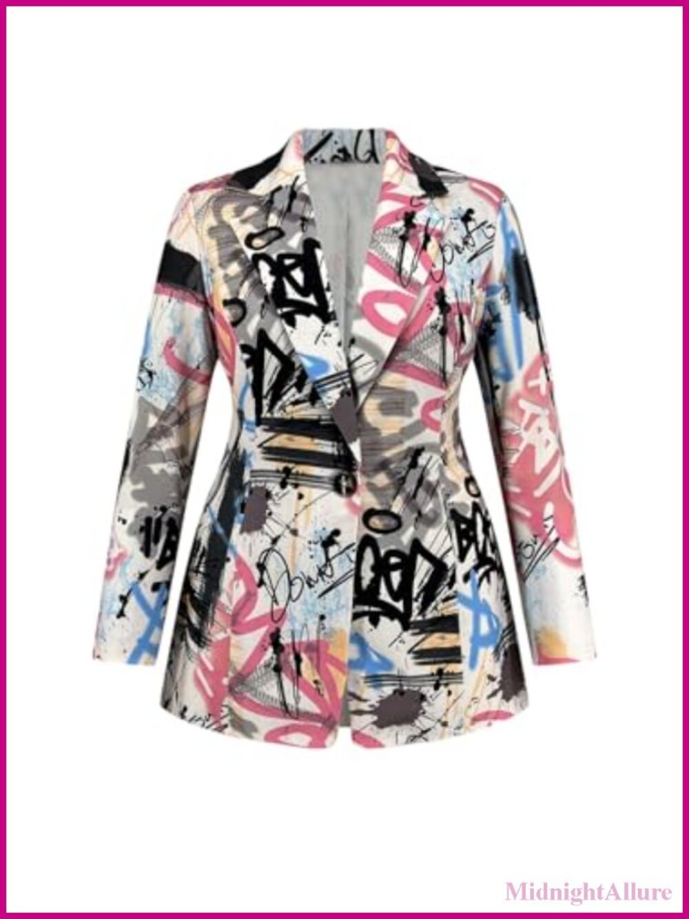 Plus Size Graffiti Graphic Button Front Blazer Jacket Long Sleeve